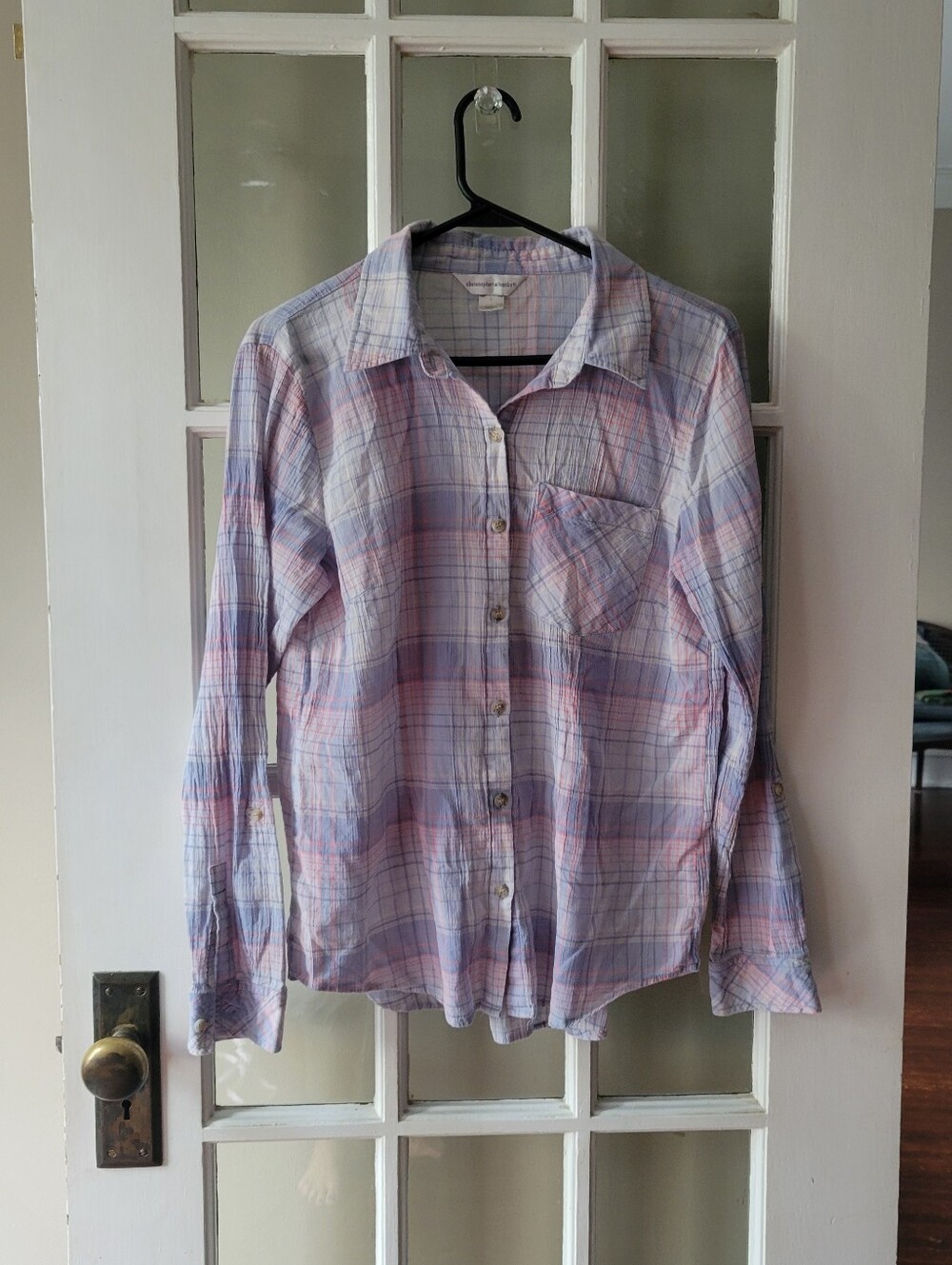 Christopher & Banks Womens Long Plaid Sleeve Button Up Shirt Size S Cotton